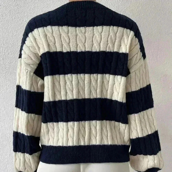 Multicolor Casual Women's Two Tone Cable Knit Drop Shoulder Sweater - Picture 3 of 6